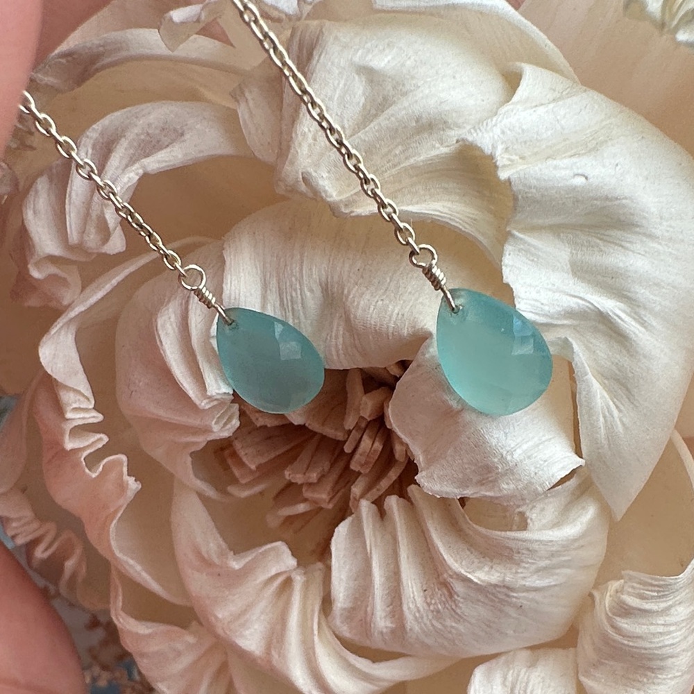 Aqua Chalcedony Teardrop Chain Drop Earrings Faceted Gemstone Sterling Silver